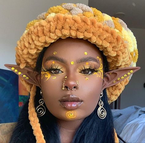 Yellow Makeup, Fairy Ears, Black Fairy, Halloween Fairy, Halloween Tattoo, Elf Costume, Ethereal Makeup, Elf Ears, Dope Makeup