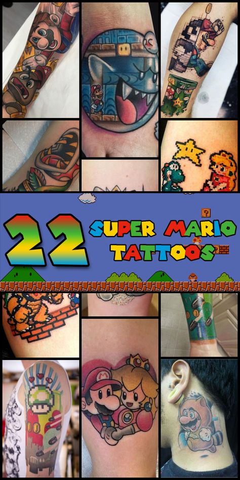 Minimalist Mario Tattoo, Mario Themed Tattoos, Mario Sleeve Tattoo, Mario Brother Tattoos, Mario Art Tattoo, Mario Character Tattoos, Super Mario Brothers Tattoos, Dr Mario Tattoo, Mario Brothers Tattoo Ideas