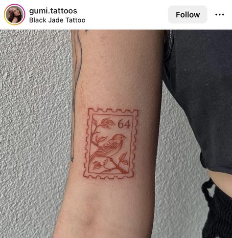 Postage Stamp Tattoo Design, Gallery Wall Tattoo, Small Stamp Tattoo, Rainier Tattoo, Stamp Tattoo Design, Postcard Tattoo, Postage Stamp Tattoo, Farm Tattoo, Sister Tat