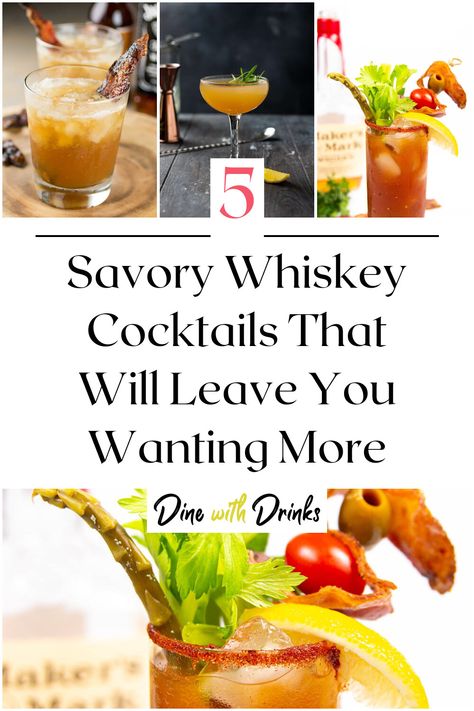 Collage of 4 savory whiskey cocktails. Savory Alcoholic Drinks, Savory Cocktail Recipes, Salty Cocktails, Savory Cocktails, Whiskey Based Cocktails, Whiskey Cocktail Recipes, Cocktail Recipes Whiskey, Spicy Cocktail, Whiskey Cocktail