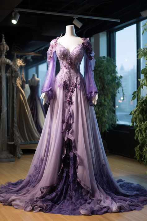 Lavender flower inspired gown Princess Dress Fairytale Royal, Fantasy Dress Purple, Fantasy Gowns Purple, Purple Royal Dress Aesthetic, Purple Fantasy Dress, Purple Flower Princess Dress, Scarlett Core, Premier Dresses, Violet Fantasy Gown