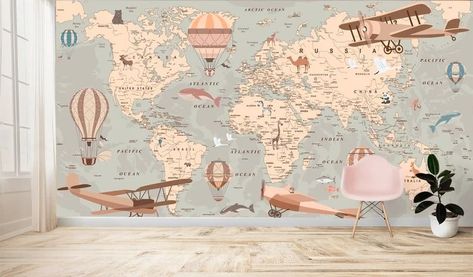 Tropical Colonial, World Map Wall Decor, Map Wall Mural, Detailed World Map, Wallpaper Nursery, Maps For Kids, World Map Wallpaper, Map Wall Decor, Map Wallpaper