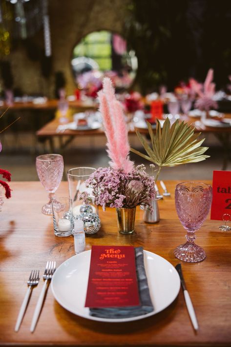 disco inspired wedding reception at Millwick in DTLA #DTLAwedding #colorfulweddingplanner #losangelesweddingplanner Disco Table Scape, Tropical Disco Wedding, Disco Table, Disco Themed Wedding, Tropical Disco, Deep Red Wedding, Silver Wedding Dress, Colorful Weddings, Heart Wedding Cakes