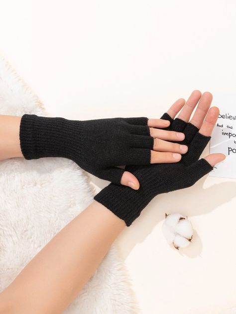 Minimalist Solid Fingerless Gloves | SHEIN USA Fingerless Gloves Aesthetic, Gloves Aesthetic, Black Fingerless Gloves, Wishlist Ideas, Fingerless Gloves Knitted, Fingerless Mittens, Black Gloves, Black Acrylic, Knitted Gloves