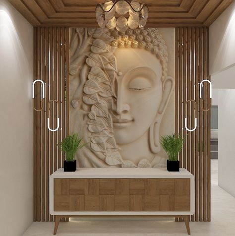 Tv Unit With Buddha Statue, Indian Home Entrance Decor Entryway, Enterence Foyer Design, Office Entrance Design Entryway, Buddha Interior Design, Buddha Decor Entryway, Entrance Lobby Design Residential, Flat Entrance Lobby Design, Buddha Wall Decor Interior Design