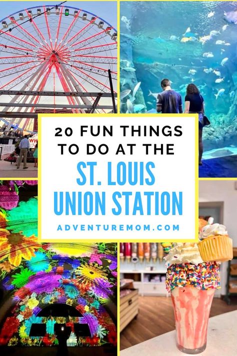 Ferris Wheel and Milk Shake. With Text Reading: 20 Fun Things to Do at St. Louis Union Station Hotel. St Louis Union Station, Adventure Mom, Kid Friendly Restaurants, Bucket List Family, Ropes Course, Midwest Travel, Family Road Trips, Travel Money, Union Station