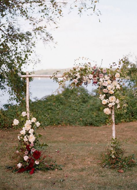 Birch Wood with blush and burgundy flowers Wedding Arch - Rustic Wedding Aisle Decor #fallwedding #autumn #weddingarch  wedding arbor Rustic Wedding Aisle Decor, Rustic Wedding Aisle, Burgundy Flowers Wedding, Birch Wedding Arch, Wedding Aisle Decor, Birch Wedding, Riverside Weddings, Wedding Arch Rustic, Wedding Arches