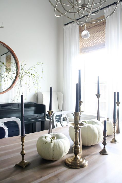 Fall Home Tour - Crazy Wonderful, neutral fall dining room decor, black candles, brass candlestick grouping, simple fall tablescape, minimal fall tablescape decor, white pumpkins down table Fall Dining Room Decor, Grey Candles, Fall Dining Room, Sideboard Decor, Candle Table Decorations, Dining Room Makeover, Candle Table, Living Room Decor Cozy, Black Candles