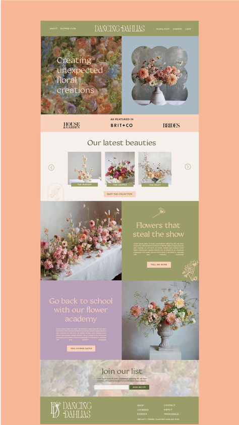 Homepage for a quirky, bold floral arrangement business who wants their website to standout like their bold, elegant flower designs and reflect their fun personality. Hand drawn flower icons, customised modern serif fonts, standout colour palette. Style is bold, unexpected, refined. #brandidentity #floristbranding #logodesign #floristlogo Like this? Click the link to see more of my work or have a chat about how we can work together Whimsical Website Design Inspiration, Fall Website Design, Mediterranean Website Design, Flower Website Design Inspiration, Website Design Elegant, Website Ideas Projects, Ethereal Website Design, Service Website Design Inspiration, Flowers Social Media Design