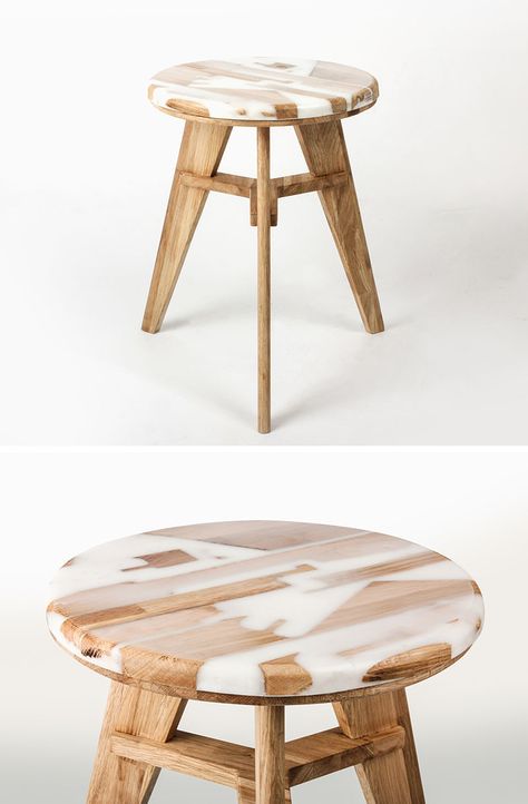 Hattern, a design studio based in Seoul, South Korea, focuses on up-cycling and extracting patterns from waste, and they have created a stool from wood and resin, named ‘Zero Per Stool’. Home Made Furniture, Wood Waste, Woodworking Table, Made Furniture, Wood And Resin, Resin Furniture, Wood Ideas, Plastic Furniture, Wood Stool