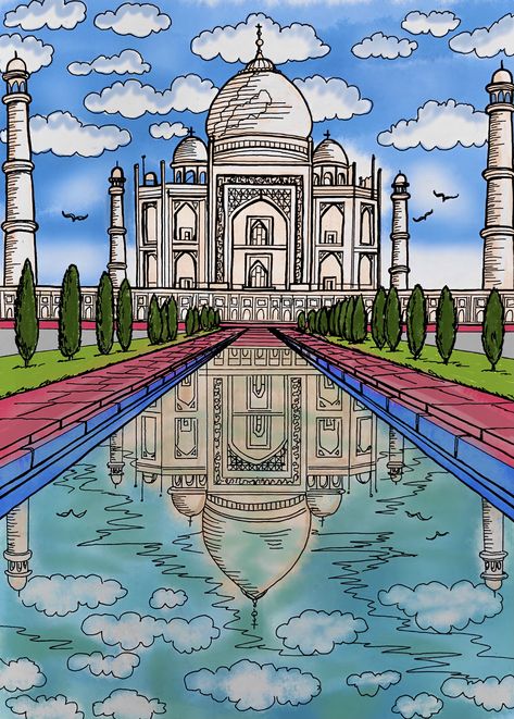 Worldview Drawing, Taj Mahal Painting Easy, Making The World A Kinder Place Drawing, How To Draw Taj Mahal, Taj Mahal Drawing Watercolor, Interesting Drawing Ideas Creative Easy, Taj Mahal Drawing Easy, India Drawings Ideas, Draw In Ipad