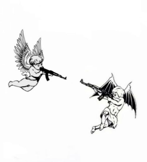 Angel Demon Tattoo, Dark Tattoos For Men, Small Angel Tattoo, Angel Devil Tattoo, Chest Tattoo Stencils, Cupid Tattoo, Tattoo Angel, Dark Tattoos, Cherub Tattoo