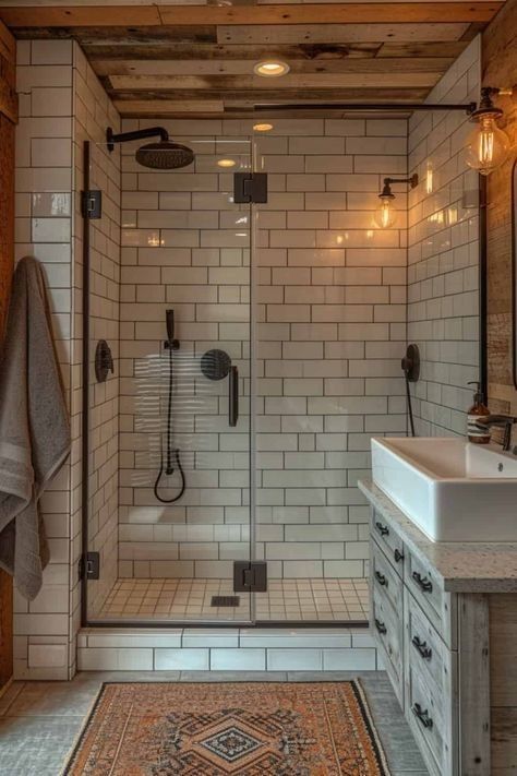 Walk Out Shower Ideas, Toilet Next To Shower Stall Small Bathroom, Farmhouse Shower Doors Walk In, Farmhouse Doorless Showers Walk In, Rustic Small Shower Ideas, Small Bathroom With Walk In Shower Ideas Subway Tiles, Remodeled Showers Walk In, Bathroom Remodel No Tile, Bathroom Remodel Shower Walk In Tile