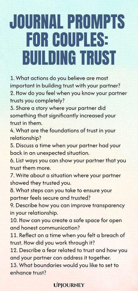 Explore these insightful journal prompts designed for couples to enhance trust and connection in your relationship. Building trust is essential for a strong partnership, and these prompts will help you deepen your bond through meaningful conversations. Take some time together to reflect on these prompts and grow closer as a couple. Strengthen trust, communication, and understanding with the power of intentional journaling. Start your journey towards a more trusting and fulfilling relationship to Journal Prompts For Relationship Problems, Couple Journal Prompts, How To Build Trust, Trust Building Activities For Couples, How To Rebuild Trust In A Relationship, Relationship Building Activities Couples, Journaling Relationship, Couple Journal Ideas Relationships, Journal Prompts For Couples