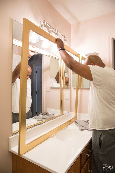 How To Frame Out A Bathroom Mirror, Large Bathroom Mirror Ideas Diy Frame, How To Frame A Large Bathroom Mirror, Update Large Bathroom Mirror, Large Mirror Frame Diy, Framing Mirrors Diy, Large Bathroom Mirror Makeover, How To Frame A Bathroom Mirror, Bathroom Mirror Ideas Single Sink