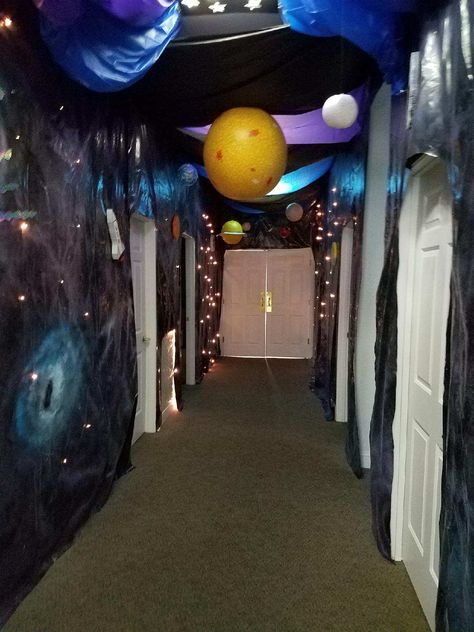 Hallway decorations for Galactic Starveyors VBS 2017 Outer Space Hallway Decorations, Diy Outer Space Decor, Space Graduation Theme, Diy Space Decor, Space Decorations Galaxy, Galactic Starveyors Vbs 2017, Vbs Space, Stellar Vbs, Space Hallway