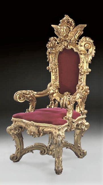 AN ITALIAN GILTWOOD THRONE CHAIR   BY GIOVANNI BERARDI, LATE 19TH C Venetian Furniture, Ornate Chairs, King On Throne, Royal Chair, King Chair, Royal Throne, Royal Crown Jewels, Thrown Chair, Royal Furniture