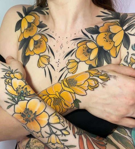 Neo-Traditional Flower Design 1 Chest Tattoo Female Upper, Traditional Chest Tattoo, Sternum Tattoos, Traditional Tattoo Flowers, 4 Tattoo, Chest Tattoos For Women, Chest Piece Tattoos, Traditional Tattoo Design, Botanical Tattoo