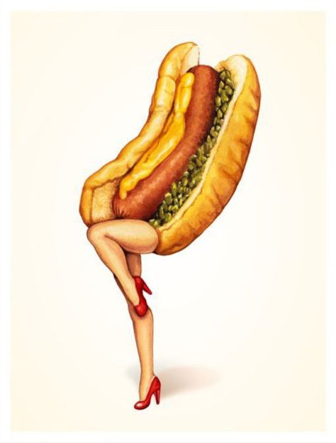 Vintage Hot Dog Illustration, Hot Dog Painting, Hot Dog Theme Party, Weenies And Tinis Party Ideas, Hot Dog Party Ideas, Weenies And Tinis Party, Hot Dog Aesthetic, Hot Dog Tattoo, Hot Dog Quotes