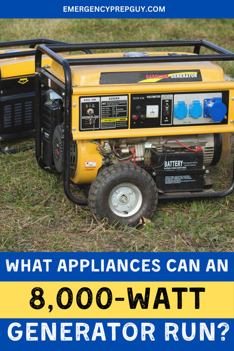 A yellow emergency generator on grass, illustrating ideas for what appliances can be powered by an 8,000-watt generator. Power Outage Kit, Home Backup Generator, Emergency Generator, Diy Generator, Generator House, Portable Generator, Emergency Power, Power Generator, Power Outage