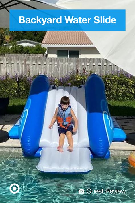 It’s make-a-splash season. Welcome summer with an inflatable waterslide that’s perfect for your backyard. Host a kiddie pool party & bring out the slip-and-slide bouncy house. Bonus: These water slides fold up for storage. Kiddie Pool Party, Backyard Water Slide, Outdoor Upgrades, Pool Plans, Pouring Concrete, Backyard Guest Houses, Pool Party Themes, Pool Party Kids, Pool Essentials