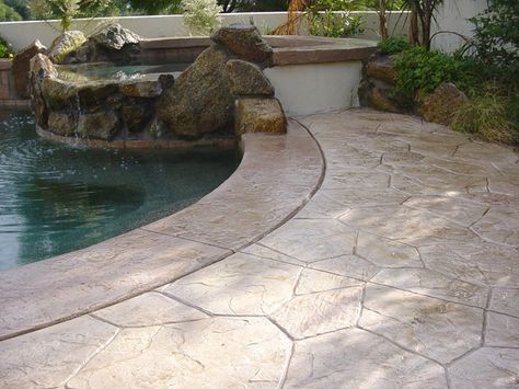 Tan, Stone Concrete Pool Decks Super-Krete Spring Valley, CA - use other link, replace... with other link Pool Decking Concrete, Concrete Landscaping, Concrete Stamp, Pool Makeover, Tan Stone, Deck Pictures, Types Of Concrete, Pool Remodel, Stamped Concrete Patio