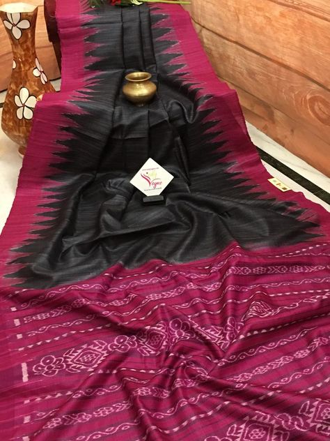 Pure Black Color Ghicha Tussar Silk Mark Saree with Ikkat Pallu Saree Fancy, Elegant Sarees, Peach Saree, Indian Sari Dress, Khadi Saree, Traditional Silk Saree, Cotton Saree Designs, Raw Silk Saree, Linen Sarees