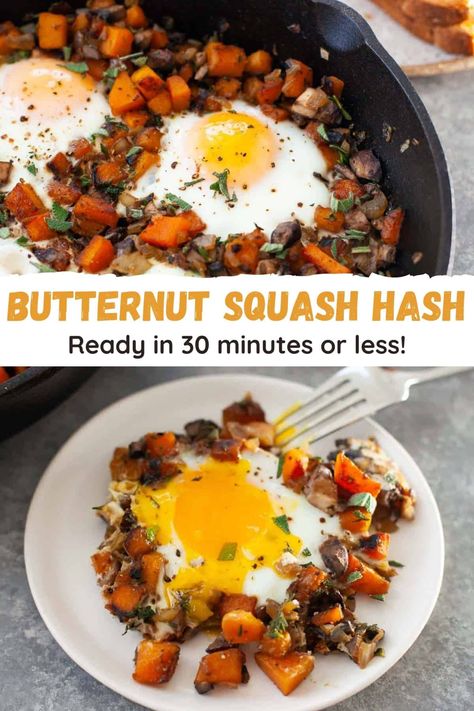 The ultimate fall and winter brunch! Ready in less than 30 minutes, this butternut squash hash with eggs is easy to whip up and perfect for the holidays! #breakfastrecipes #holidayrecipes (AD) Butternut Squash Breakfast, Butternut Squash Hash, Winter Brunch, Buttercup Squash, Hash Recipe, Breakfast Hash, Butternut Squash Recipes, Squash Recipes, Clean Eating Recipes