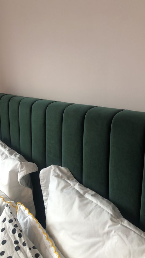 Dark green velvet headboard Green Velvet Headboard, Headboard Velvet, Green Headboard, Velvet Bedroom, Home Theater Room Design, Diy Headboard Upholstered, Headboard Bed, Dark Green Velvet, Velvet Headboard