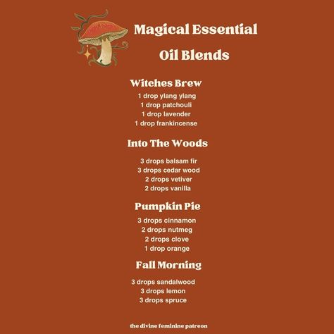 Essential Oil Blends 🌿 Some blends I’ve created that you can use for aromatherapy. Some ways you can use essential oils are in.. diffusers, for creating oils, adding in lotions or directly onto pulse points with caution, etc! I’ve posted lots of essential oils over on Patreon so definitely get check them out! ✨🌙 Shop our metaphysical shop through the link in bio 🍂🍁 #aromatherapy #witch #witchy #essentialoils Witchy Essential Oils, Fantasy Essential Oil Blends, Ginger Essential Oil Blends, Amber Essential Oil Blends, Dark Academia Essential Oil Blends, Fruity Essential Oil Blends, Witchy Essential Oil Blends, Essential Oil Meanings, Aura Cacia Essential Oils Recipes