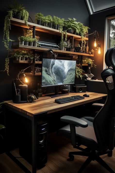 Rustic Gaming Setup, Earthy Desk Setup, Male Office Ideas, Office Ideas Minimalist, Office Inspiration Modern, Women Office Ideas, Industrial Modern Office, Setup Minimalist, Minimalist Office Design