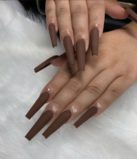 Fake Gel Nails, Brown Acrylic Nails, Brown Nails Design, Plain Nails, Brown Acrylic, Matte Nails Design, French Acrylic Nails, Long Acrylic Nails Coffin, Acrylic Nails Coffin Pink