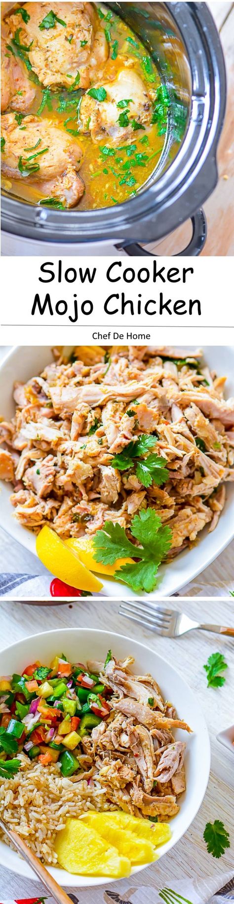 Slow Cooker Mojo Chicken and Rice Bowl Recipe | ChefDeHome.com Crockpot Cuban Chicken, Crockpot Mojo Chicken, Cuban Recipes Chicken, Mojo Chicken Crockpot, Slow Cooker Brown Rice, Cuban Mojo Chicken, Chicken And Rice Bowl, Pineapple Pico, Mojo Marinade