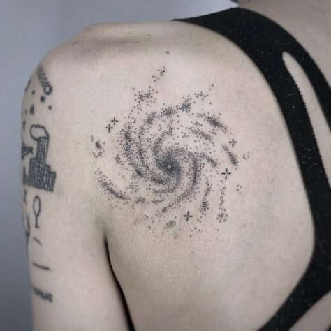 Galaxy Elbow Tattoo, Galaxy Wrap Around Tattoo, Periodic Element Tattoo, Deep Space Tattoo, Stippled Star Tattoo, Detailed Star Tattoo, Black Splatter Tattoo, Sea And Space Tattoo, Abstract Galaxy Tattoo