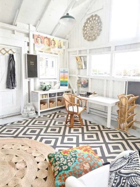 She shed idea with a boho chic interior and workspace. | 10 Rooms You Wouldn't Suspect Were Actually Sheds - 10 She Shed Ideas She Shed Interior Ideas, She Shed Decorating Ideas, She Shed Craft Room, She Shed Office, She Shed Interior, Shed Makeover, Shed Office, Shed Decor, Shed Interior