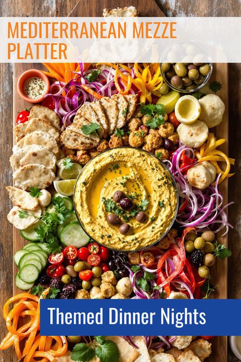 Delight in a variety of flavors with our Mediterranean Mezze Platter from the Themed Dinner Nights collection. This easy party platter features Greek-inspired appetizers like hummus, olives, cheeses, and breads. As one of the best healthy dinner ideas, it's perfect for sharing and creates a relaxed, communal dining experience. Remember, the key to a great Mezze Platter is variety, making it a wonderful addition to your themed dinner nights! Mezze Board Ideas, Mezze Platter Ideas Entertaining, Mezza Platter Ideas, Greek Themed Party Food, Mediterranean Food Party, Mediterranean Platter Ideas, Medditeranean Dinner Party, Greek Appetizer Platter, Mediterranean Mezze Platter