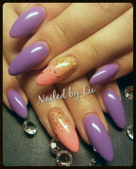 Long almond acrylic nails with purple and coral gel polish and glitter fade @ nailed by lu Acrylic Nails With Purple, Nail Design Almond Shape, Coral Gel Polish, Long Almond Acrylic Nails, Nail Design Almond, Nails With Purple, Peach Acrylic Nails, Glitter Fade Nails, Coral Nail