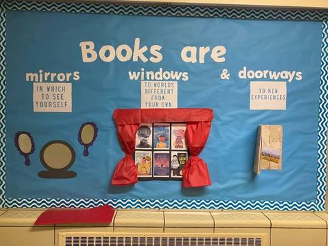 Books Are Windows And Mirrors Bulletin Board, Library Board Decoration, Library Window Displays, Back To School Library Displays, Librarian Glasses, Library Entrance, School Library Book Displays, School Library Bulletin Boards, Elementary Librarian