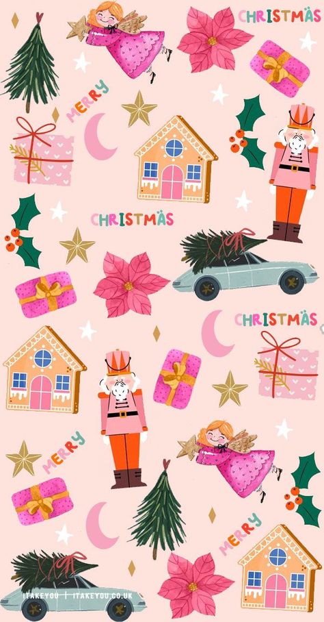 Pastel Christmas Aesthetic Wallpaper, Pink Christmas Collage Wallpaper, Pink Christmas Images, Christmas Scene Illustration, Christmas Party Wallpaper, Iphone Wallpaper Christmas Aesthetic, Pink Xmas Aesthetic, Xmas Aesthetic Wallpaper, Colorful Christmas Wallpaper