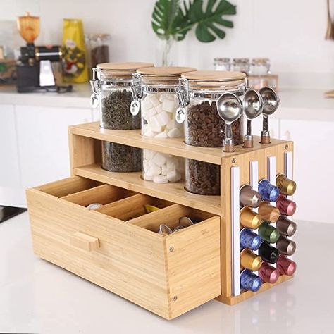 Coffe Organize, Coffee Tea Storage, Coffee Pod And Tea Storage, Tea Bag Organizer Ideas, Coffee Tea Organization, Tea And Coffee Storage, Drink Pantry, Loose Tea Organization, Coffee And Tea Station Countertop