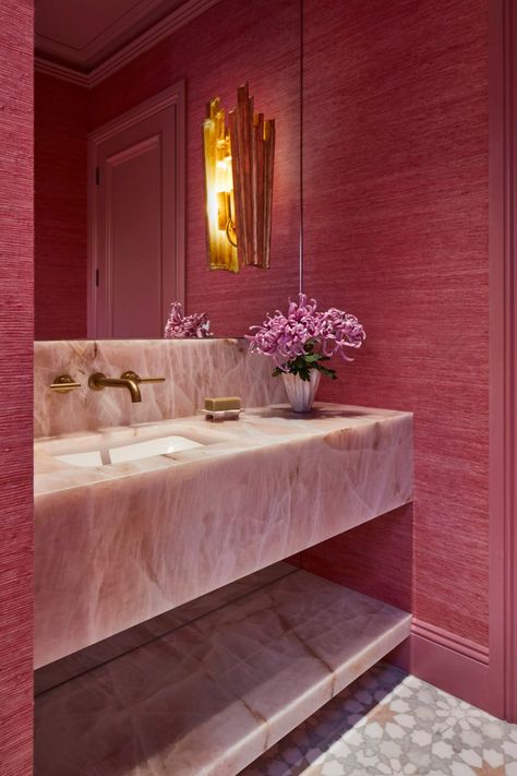 4 Powder Rooms that Prove Colour is Key to Timeless Style | Home Beautiful Colorful Powder Room, Pink Quartzite, Modern Powder Room, Sculptural Vase, Wavy Edges, Powder Bath, Design Exterior, Pink Bathroom, Pink Houses