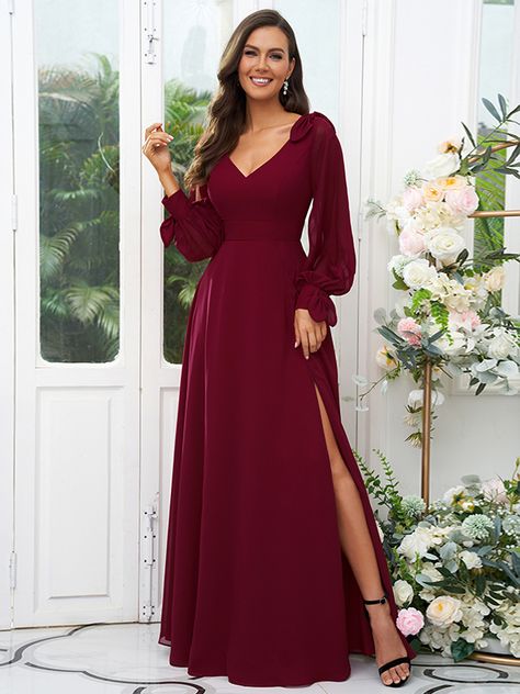 Wedding Bridesmaid Dresses, Junior Bridesmaid Dresses, Burgundy Bridesmaid, Evening Dresses Cocktail, Long Bridesmaid Dress, Chiffon Long Sleeve, Junior Bridesmaid, Junior Dresses, Chic Dress