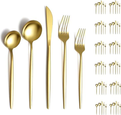 Amazon.com | Evanda Gold Silverware Set 60 Piece Service for 12, Titanium Gold Plated Stainless Steel Flatware Set, Knives Forks Spoons Cutlery Set for Wedding, Parties, Birthday, Restauroom, Dishwasher Safe: Serving Sets Gold Silverware, Gold Flatware, Stainless Steel Cutlery, Forks And Spoons, Stainless Steel Flatware, Serving Set, Utensil Set, Gold Wood, Flatware Set