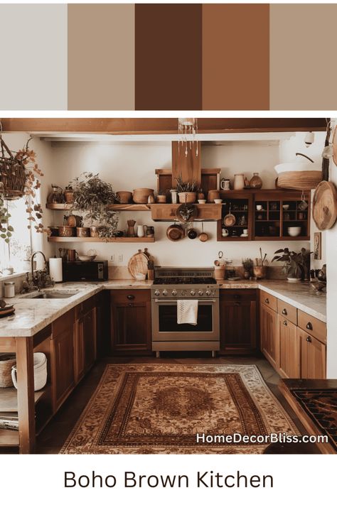 Boho Brown Kitchen: Wood Cabinets & Greenery Boho Kitchen Dark Wood Cabinets, Kitchen With Brown Wood Cabinets, Brown Tones Kitchen, Light Brown Kitchen Walls, Brown Wood Cabinets Kitchen, Brown And Tan Kitchen, Brown Kitchen Walls, Brown Kitchen Aesthetic, Bohemian Kitchen Ideas