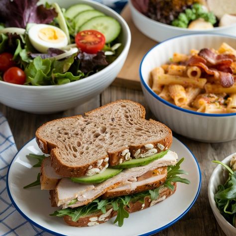 Deliciously Fresh Lunch Ideas! 🥗🥪 Say hello to a colorful and nutritious lunch! 🌈✨ This hearty sandwich stacked with turkey and crisp veggies is paired perfectly with a fresh garden salad. Eating healthy never looked so good! What’s your favorite lunch combo? Let’s inspire each other! 🥒🍅 #HealthyLunch #SandwichLove #eatfresh Fresh Lunch Ideas, Nutritious Lunch Ideas, Vegetarian Wraps, Nutritious Lunch, Fresh Lunch, Easy Delicious Dinners, Dinner Desserts, Fresh Turkey, Fresh Eats