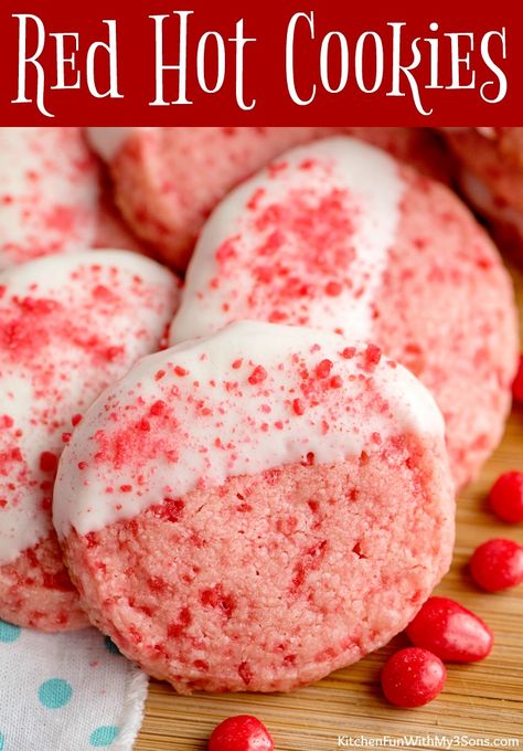 Red Hot Cookies, Cookies Dipped In White Chocolate, Best Shortbread Cookies, Red Hots Candy, Valentines Recipes Desserts, Dessert Recipes Cookies, Cinnamon Candy, Candy Food, Red Hots