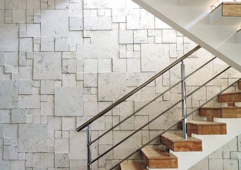 This modern staircase has a concrete panel design called Etrusco. There is a variety of designs available including ones that look like wood, natural stone and geometric shapes. Stairs Wall Design, Concrete Wall Panels, Modern Stair Railing, Staircase Wall Decor, Contemporary Stairs, Contemporary Staircase, Stair Wall, Staircase Wall, Wall Tiles Design