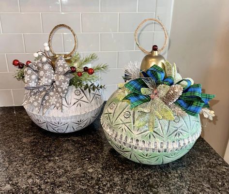 Dollar Tree Fanatics Crafts & Decor | My mom and I just made these giant ornament made mostly from Dollar Tree supplies | Facebook Dollar Tree Punch Bowl Crafts, Diy Punch Bowl Ornaments, Dollar Tree Bowl Ornaments Diy, Dollar Tree Oversized Ornaments, Dollar Tree Bowl Ornaments, Dollar Store Bowl Ornaments, Dollar Tree Punch Bowl Ornament, Diy Dollar Tree Bowl Ornament, Dollar Tree Giant Ornament