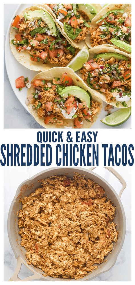 These smokey rotisserie chicken tacos are done in 30 minutes and topped with creamy avocado and fresh pico de gallo! Guaranteed to be your new taco night favorite. Shredded beef, pork, or turkey are great ways to spice things up too. #chickentacos #tacorecipe #chickenrecipes #easychickendinner #easydinnerideas #taconight Rotisserie Chicken Tacos, Chicken Tacos Recipe, Easy Shredded Chicken, Chicken Tacos Easy, Shredded Chicken Tacos, Chicken Taco Recipes, Top Chicken Recipes, Chunky Salsa, Leftover Rotisserie Chicken