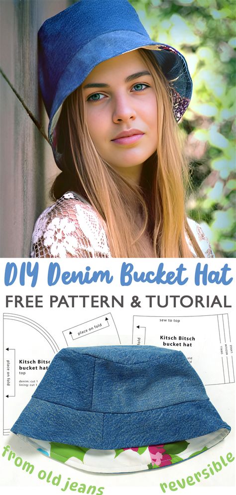 Denim Bucket Hat - Tutorial & Pattern Couture, Upcycle Hats Ideas, Diy Denim Bucket Hat Pattern, Denim Hat Pattern, Denim Hat Diy, Denim Bucket Hat Pattern, Bucket Hat Sewing Pattern Free, Diy Bucket Hat Free Pattern, Hat Sewing Pattern Free